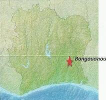 Carte de la C&ocirc;te d'Ivoire avec indiqu&eacute; la ville de Bongouanou par Uwe Dedering, via wikipedia.fr cc